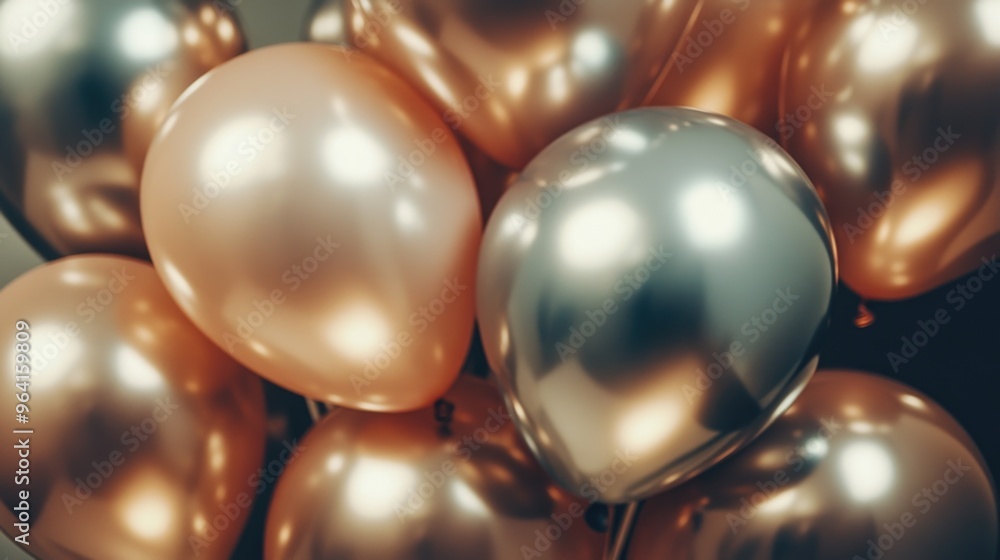 Poster a bunch of shiny gold and silver balloons. the balloons are all different sizes and are arranged in 