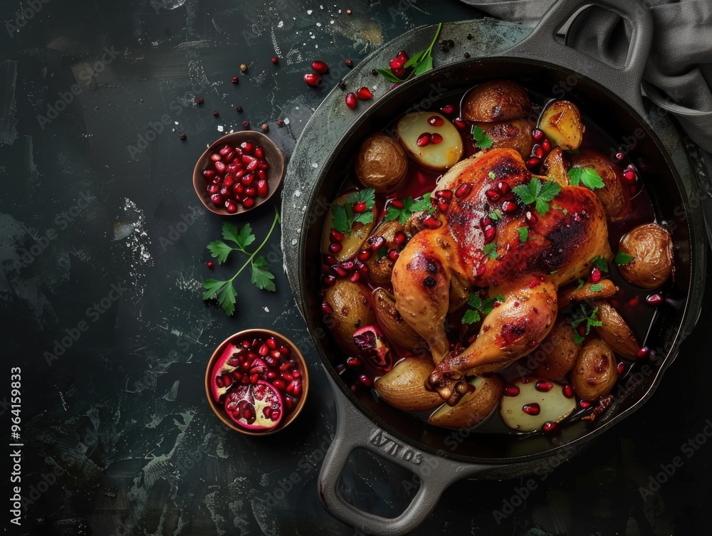 Poster a large pot of food with a chicken and potatoes in it. there are also some pomegranates and parsley 