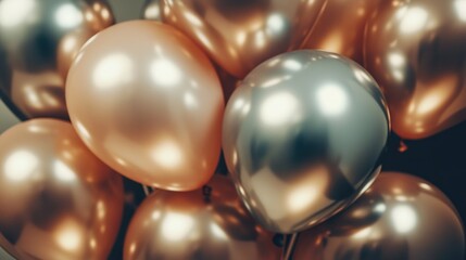 A bunch of shiny gold and silver balloons. The balloons are all different sizes and are arranged in a way that they look like they are floating. The balloons are all facing the same direction