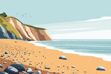Serene Beach with Cliffs and Blue Sea – Vector Illustration.