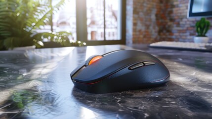 A black computer mouse with a red button on the top. The mouse is sitting on a table in front of a brick wall