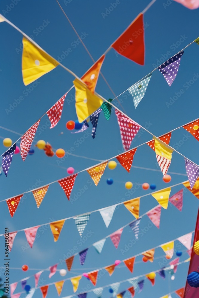 Poster a colorful banner with many flags hanging from the sky. the flags are of different colors and sizes,