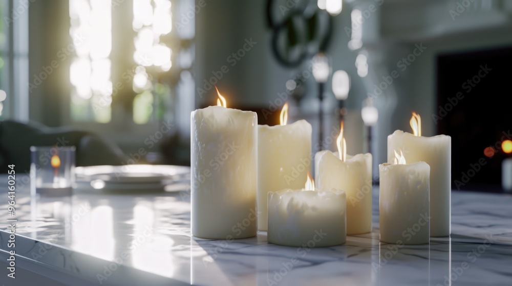 Poster a table with a white tablecloth and a set of candles in various sizes. the candles are lit and the r