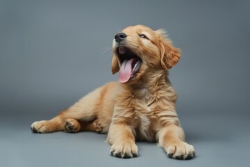 A brown puppy is laying on the ground with its tongue hanging out. The puppy appears to be relaxed and content