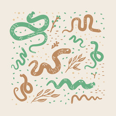 Green snakes poster. Reptile animal background. Greeting card. Vector hand drawn flat illustration