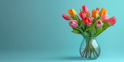 A vase of tulips sits on a blue background. The tulips are in various colors, including pink, orange, and yellow. The vase is clear, allowing the tulips to be the main focus of the image