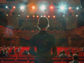 Fototapeta premium A woman stands in front of a stage with a crowd of people watching her. The stage is lit up with bright lights, creating a dramatic atmosphere. The woman is a performer, possibly a singer or actress