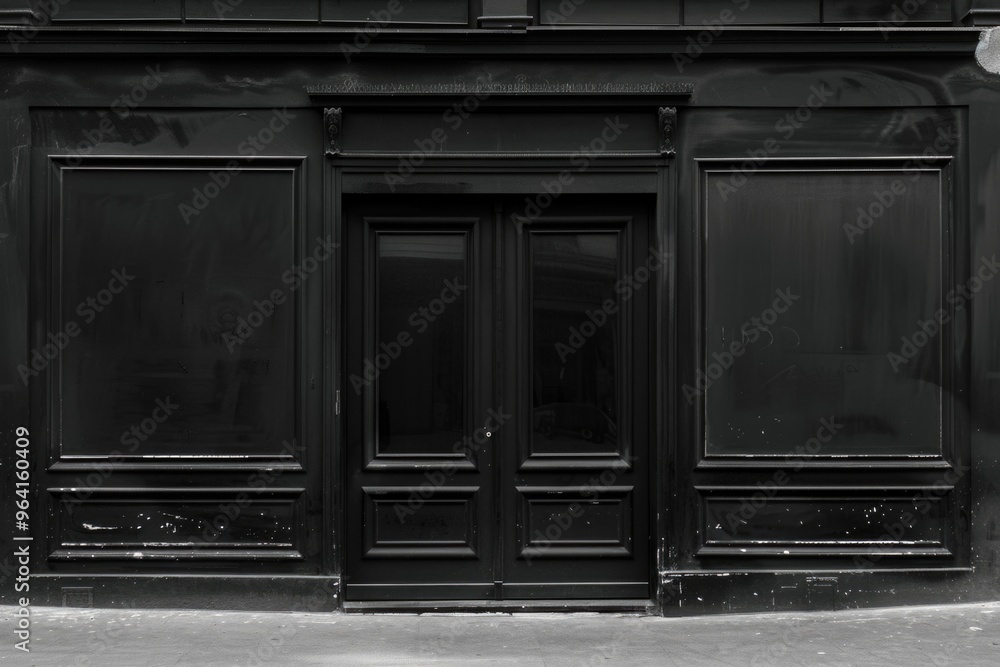 Poster a black building with two doors and no windows. the building is empty and has a very dark and moody 