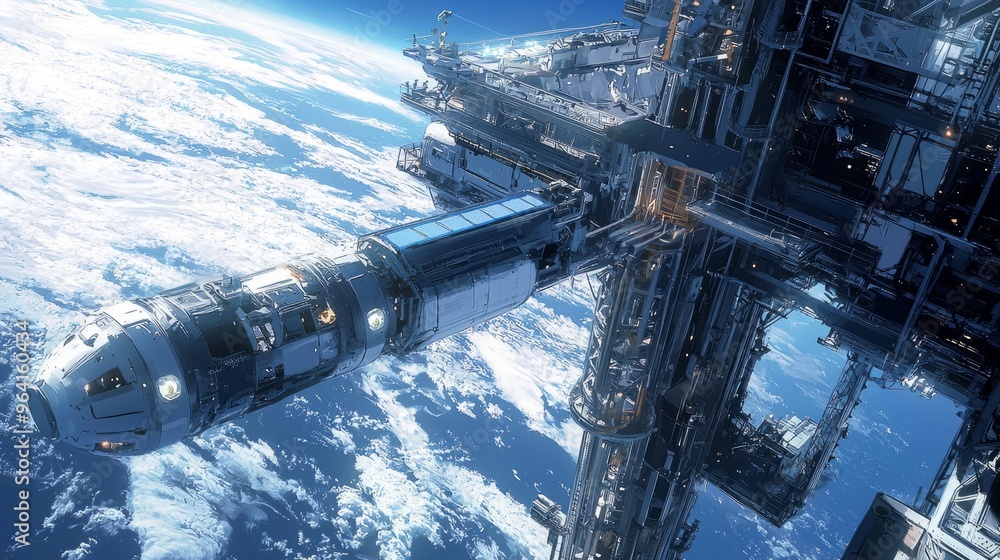 Poster Futuristic space station orbiting Earth.