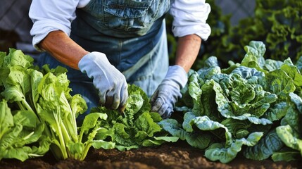 A man is tending to a garden with a variety of vegetables, including lettuce and spinach. He is wearing gloves and he is focused on his work. The garden is well-maintained