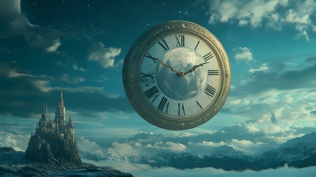 A surreal scene where the moon is replaced by a giant clock floating in the sky
