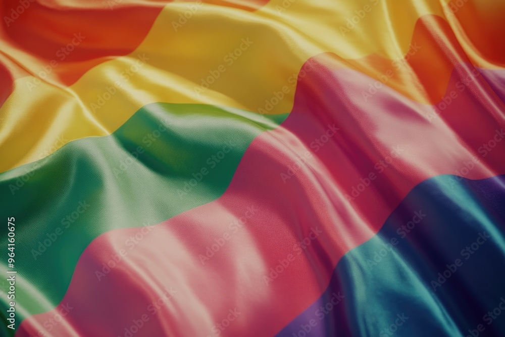 Poster a colorful flag with rainbow stripes. the flag is made of a shiny material and has a shiny, reflecti
