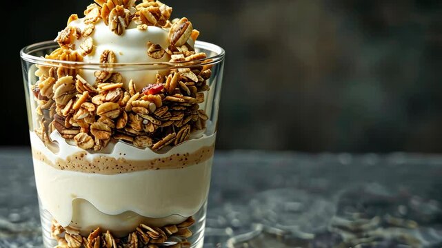 Delicious granola parfait with yogurt and fresh raspberries for a healthy breakfast