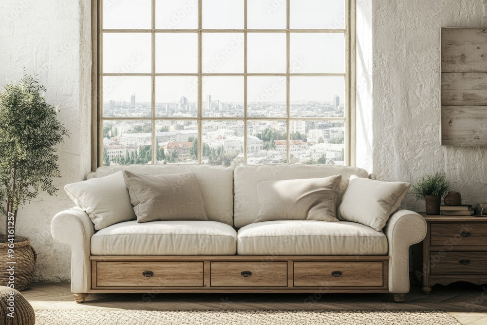 Aufkleber a large white couch with a window in the background. the couch is in a room with a wooden table and 