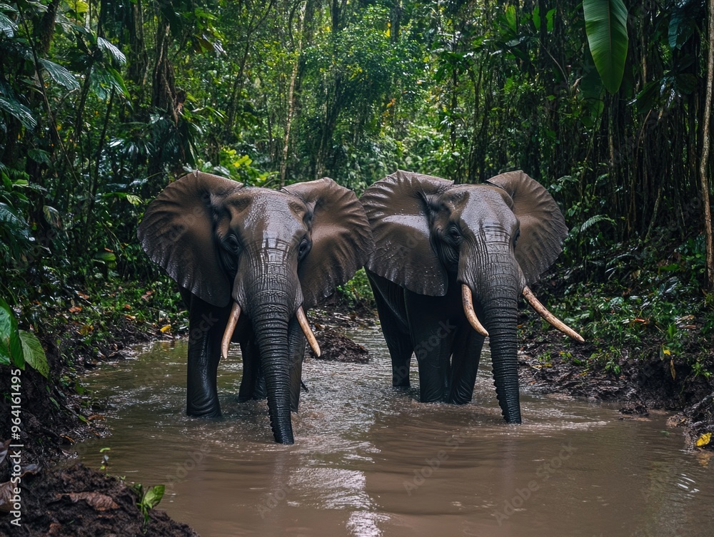Poster two elephants are walking through a muddy river. the elephants are large and appear to be enjoying t