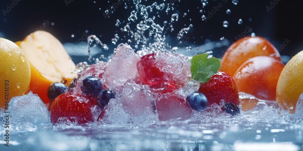 Poster a fruit salad with ice cubes and water splashing out of it. scene is playful and refreshing