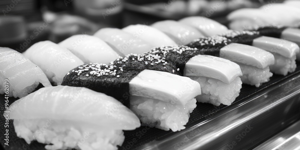 Poster a tray of sushi with a variety of different types of sushi. the sushi is arranged in a way that make