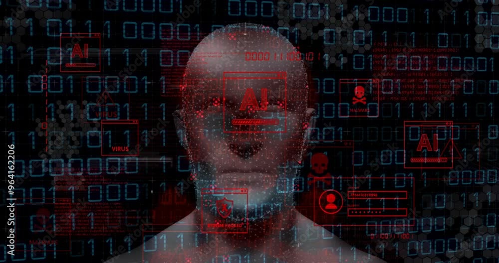 Poster ai and virus warnings over human head with binary code background