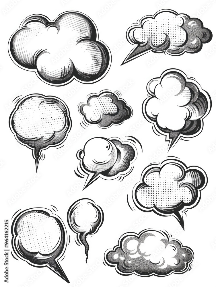 Poster a set of cartoonish clouds with speech bubbles. the clouds are drawn in a variety of sizes and shape