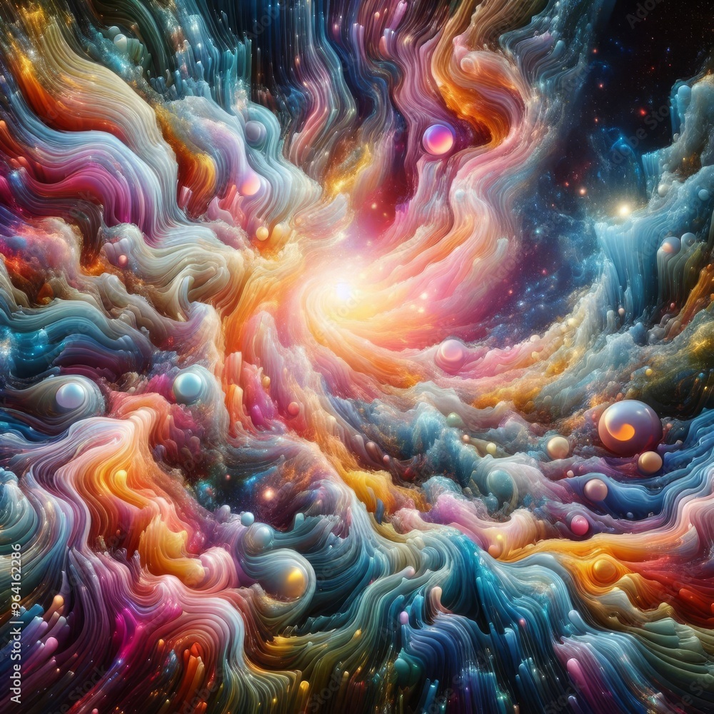 Poster a mesmerizing abstract representation of a cosmic swirl with vibrant colors, evoking a sense of move
