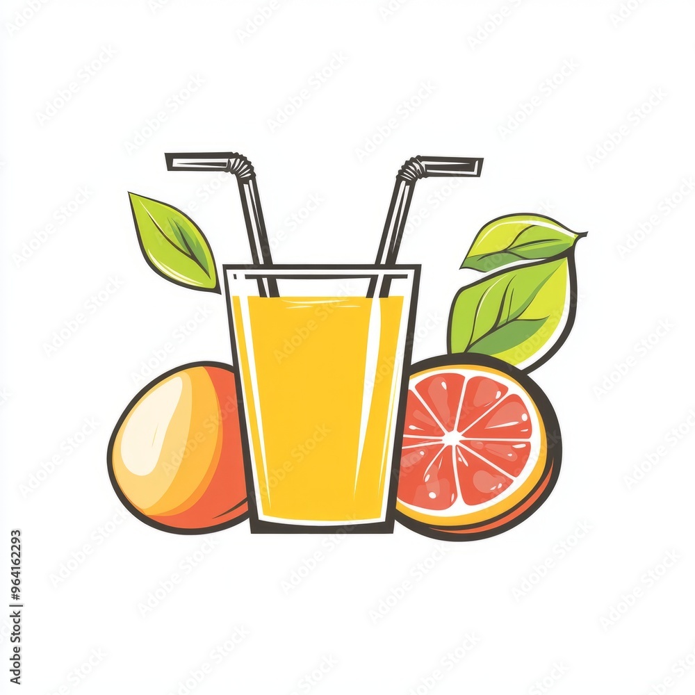 Wall mural Glass of orange juice with straws, citrus fruit, and leaves.