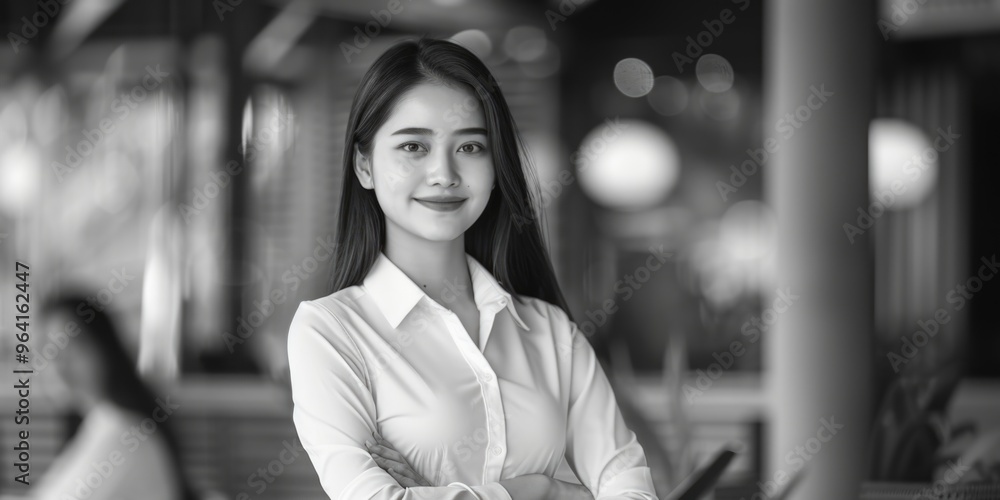 Wall mural a woman is standing in a room with a smile on her face. she is wearing a white shirt and is holding 