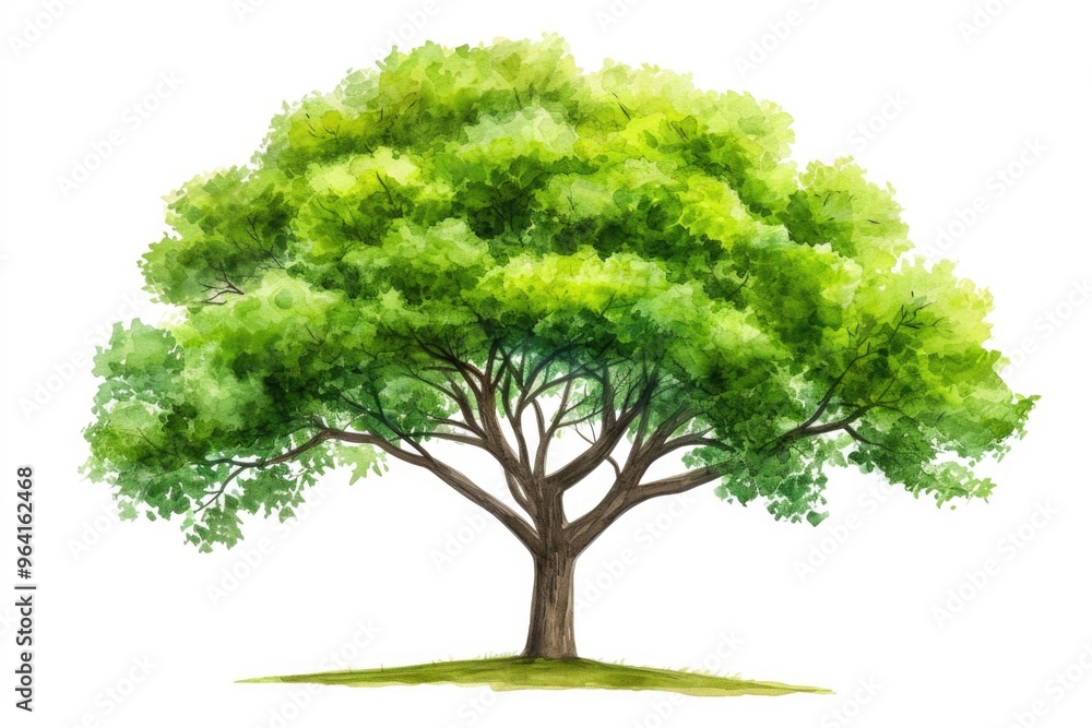 Poster a large tree with green leaves is the main focus of the image. the tree is standing tall and is surr