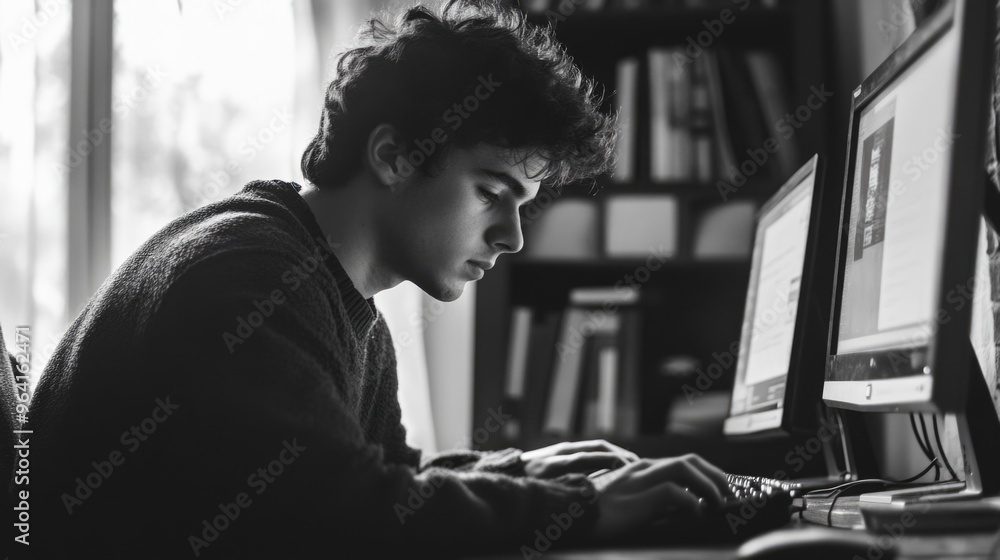 Aufkleber a man is sitting at a desk with two computer monitors in front of him. he is typing on a keyboard