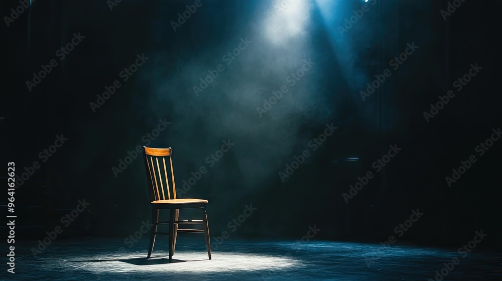 Wall mural A single spotlight illuminates an empty chair on a dark stage, creating an air of anticipation and mystery