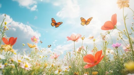 Obraz premium A spring wallpaper showing a field of flowers with many butterflies flying around