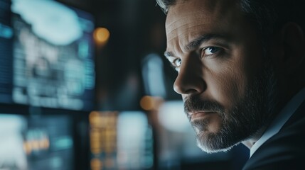 A cybersecurity expert monitoring data streams on multiple screens.