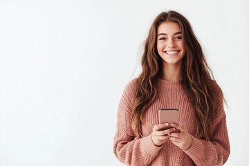 Fototapeta premium A woman is holding a cell phone and smiling.