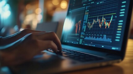 A close-up of hands typing on a laptop with financial data and stock market graphs.