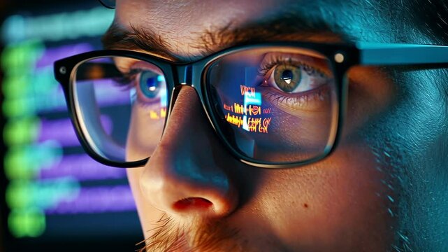 Concentration and focus during late-night coding session in a dimly lit workspace featuring glowing screens