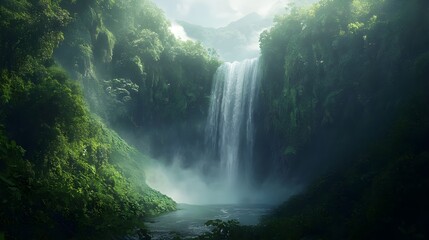 Majestic waterfall pouring into misty abyss in amazing scenic picture