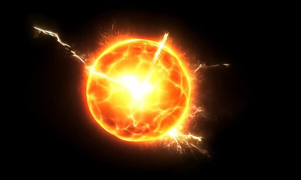 Spherical orange neon energy or plasma ball with bright electric lightning streams and glowing effects on black background, VFX