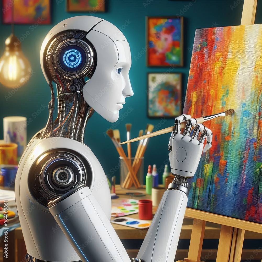 Poster a humanoid robot is engaged in painting a colorful abstract artwork in a cozy studio setting. the sc