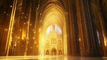 Golden light shines through the stained glass window of a cathedral.