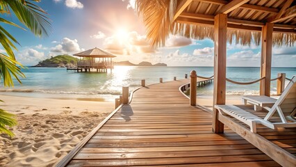 View of white sand beach with wooden pier