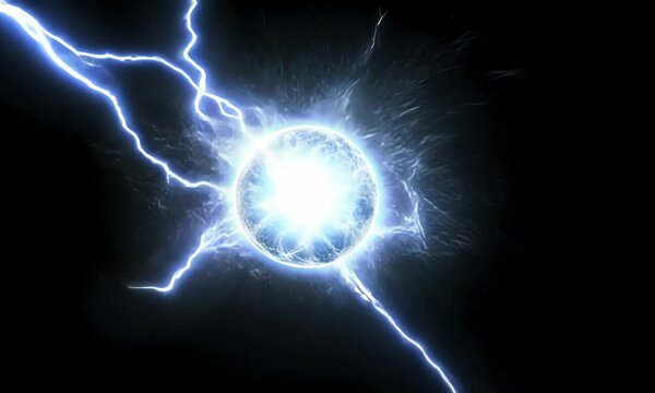 Spherical white neon energy or plasma ball with bright electric lightning streams and glowing effects on black background, VFX