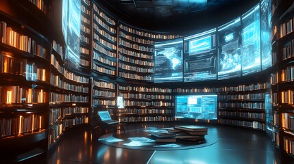 A futuristic library where books float in mid-air and are surrounded by digital screens