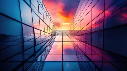 A sleek modern building with reflective glass surfaces, glowing under a vibrant sunset sky, capturing the harmony between architecture and nature.