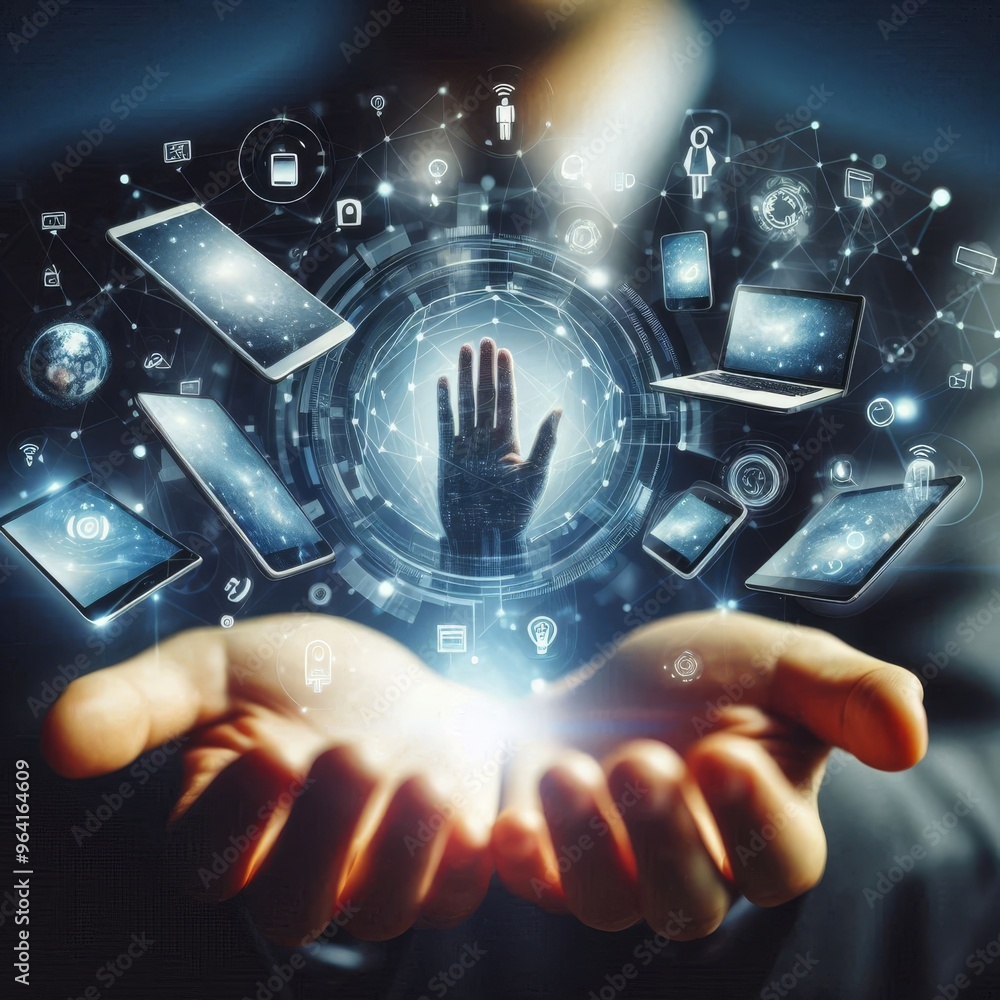 Poster a striking image depicting the integration of futuristic technology with human interaction. the hand