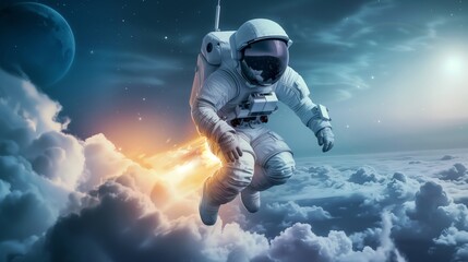 Fototapeta premium Stunning Digital Illustration of an Astronaut in Outer Space Above the Clouds