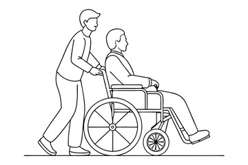 Man carries a patient in a wheelchair illustration black and white