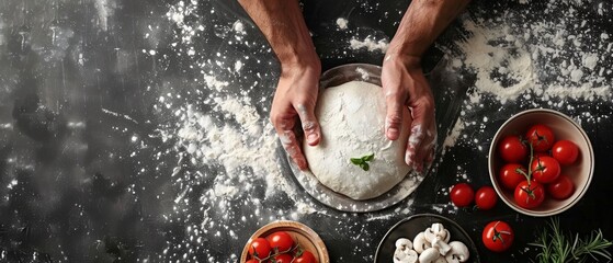 A person kneading pizza dough with tomatoes, oregano, and mushrooms nearby on a floured table, creating a cozy cooking ambiance in the image.