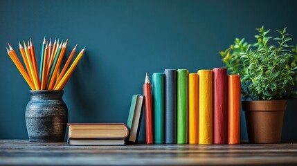 Obraz premium Colorful Books and Pencils on a Wooden Table