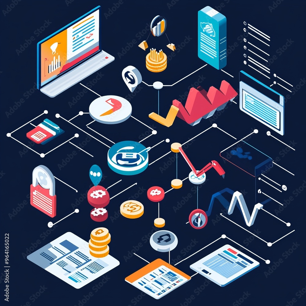 Wall mural Isometric Illustration of Financial Technology and Cryptocurrency.