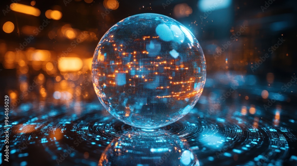 Poster a futuristic, glowing orb surrounded by digital data streams.