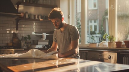 A man in a bright kitchen wrapping food while sunlight streams in. Green plants decorate, bags on the table suggest cooking/baking ongoing. Dining area present.